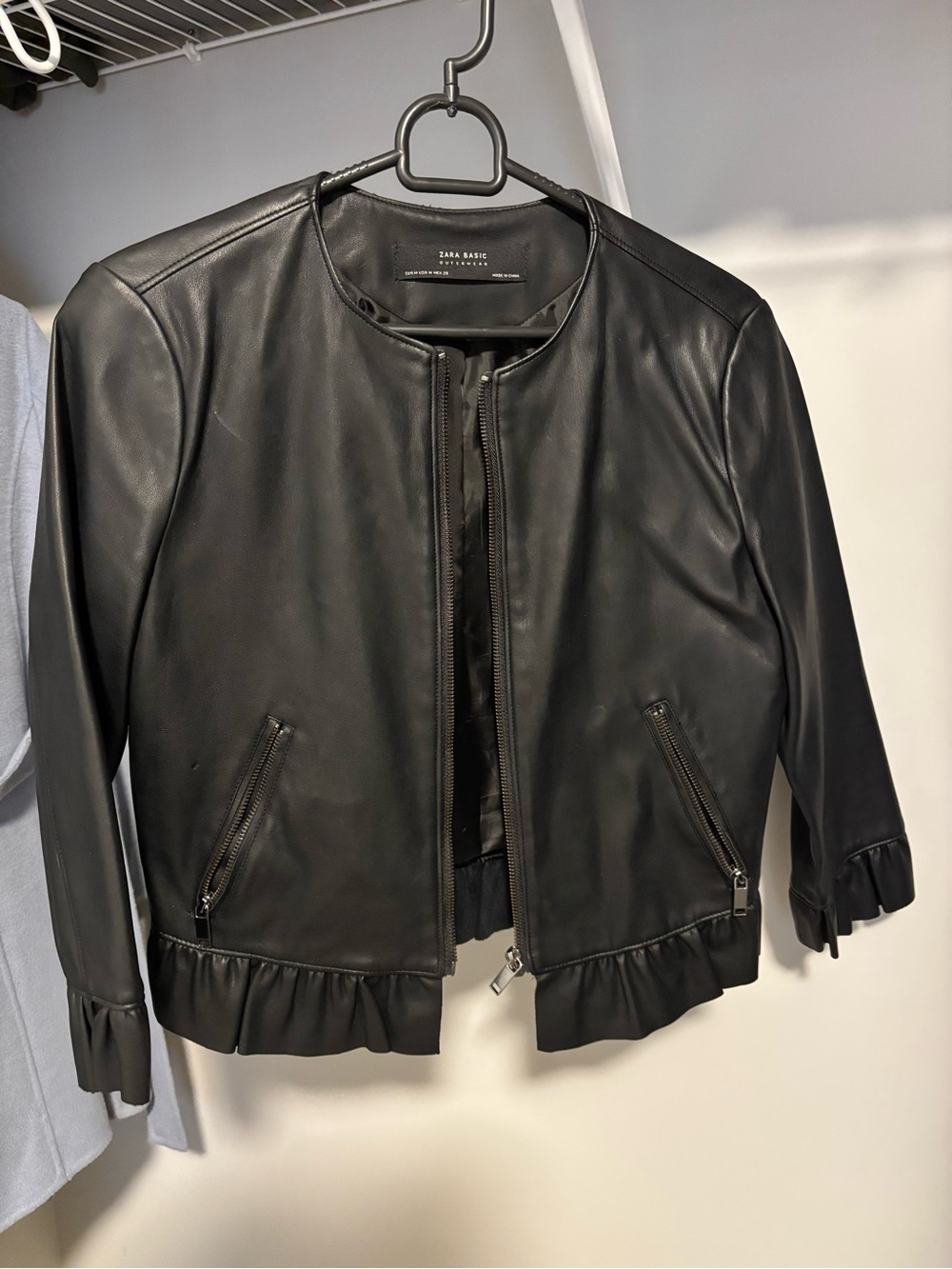 Zara Black Leather Ruffle-Hem Jacket